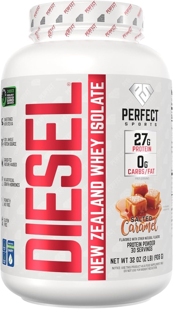 PERFECT SPORTS Diesel 100% Neuseeland Whey Protein Isolate | Stevia Sweetened, keine künstlichen Inhaltsstoffe, Keto | 0g Carb, 0g Fett, 27g Protein | 2 Pounds (Salted Caramel)