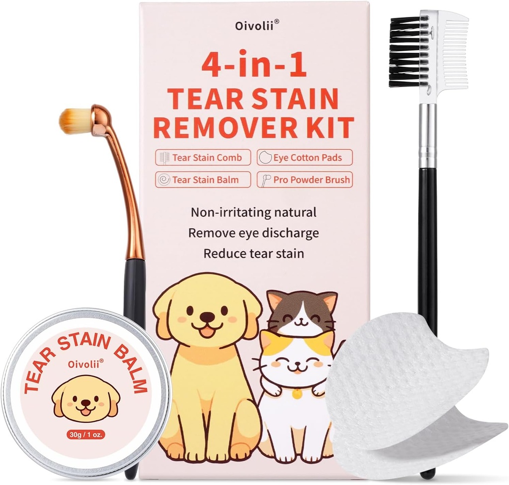 Kit di rimozione della lacrima per cani e gatti con latta Pettine, lacrima balsamo, cappotti di cotone per gli occhi, spazzole antipolvere delicatamente rimuovere Tear Stain, Debitore per gli occhi, Scarico, Segrezioni di muco