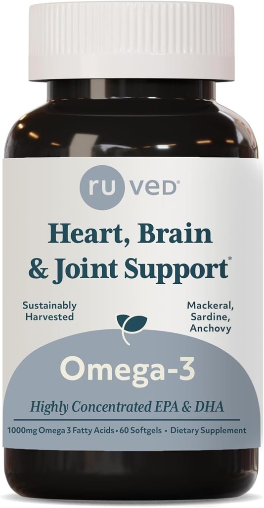Ruved Omega-3 - Omega 3 Fish Oil, 1000mg pro Kapsel, EPA & DHA Fish Oil Supplement für Frauen & Männer, Herz, Gehirn, & Joint Support - 60 Softgel Kapseln (1 Zähler)