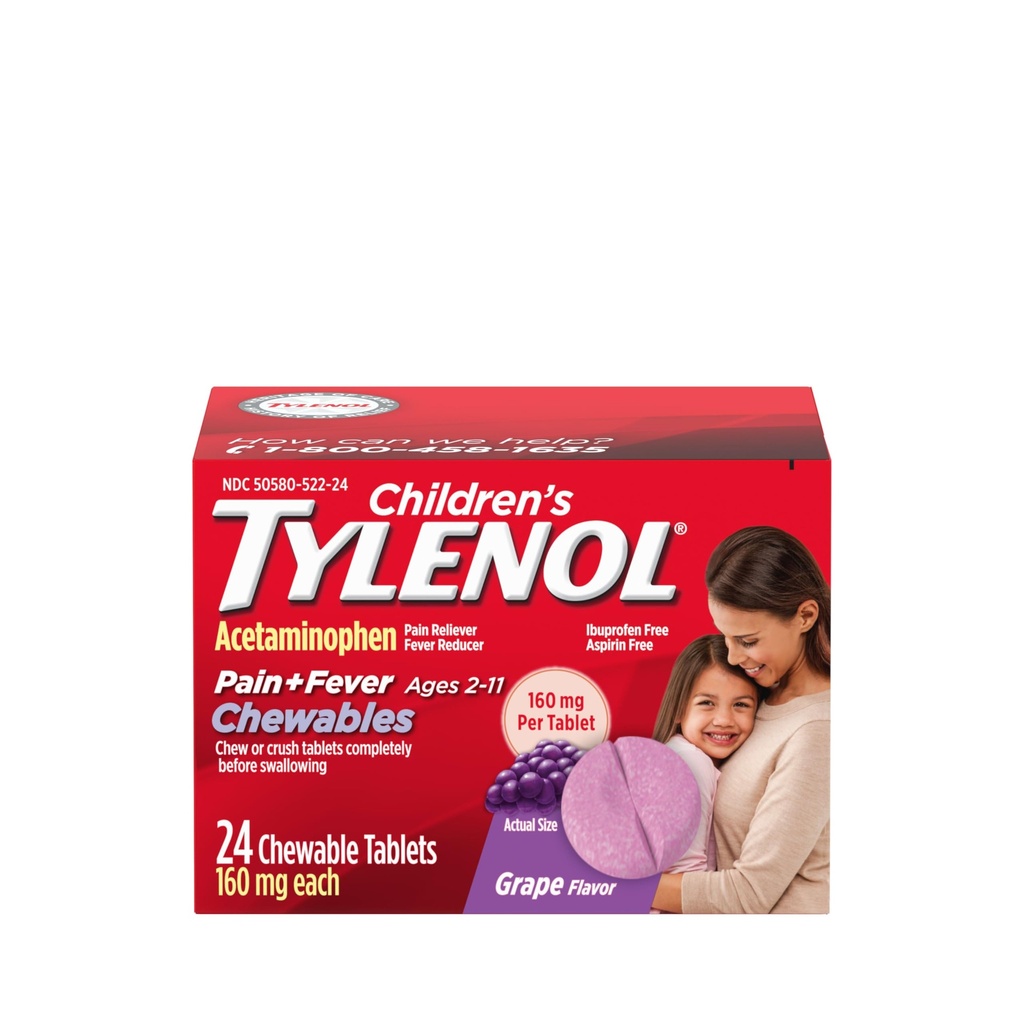Kinder Tylenol Chewables mit 160 mg Acetaminophen, Schmerzlinderung & Fever Reducer für Kinder Kalt + Flu Symptome, Kopfschmerzen, Sore Throat & Toothache, Aspirin-frei, Grape Flavor, 24 ct
