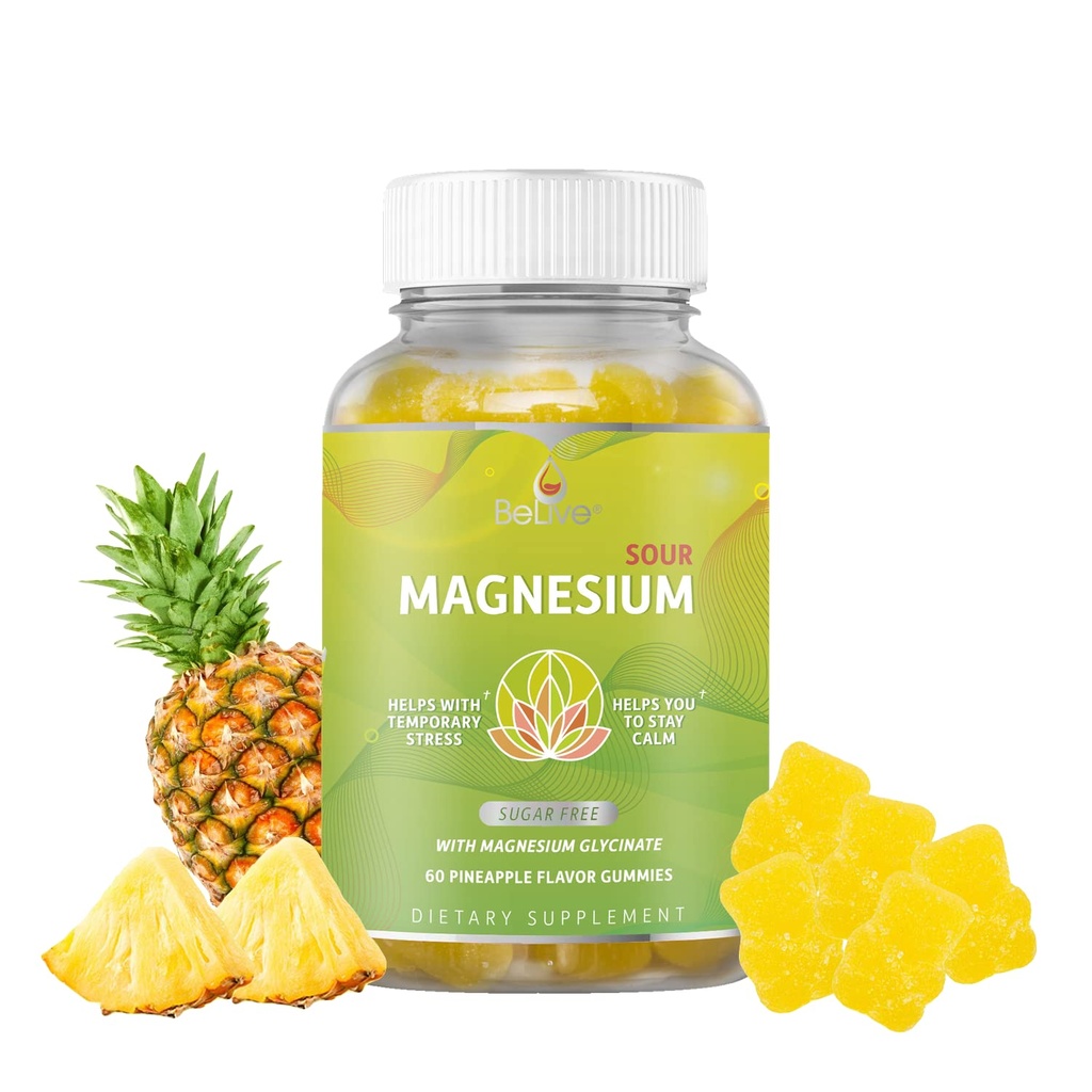 BeLive Magnesium Gummies 200mg - 60 Ct | Magnesio Glycinate Integratori per Rilassamento, Rilievo di Stress e Dormire per Adulti & Bambini - Sapore di Ananas Tasty e Tangy