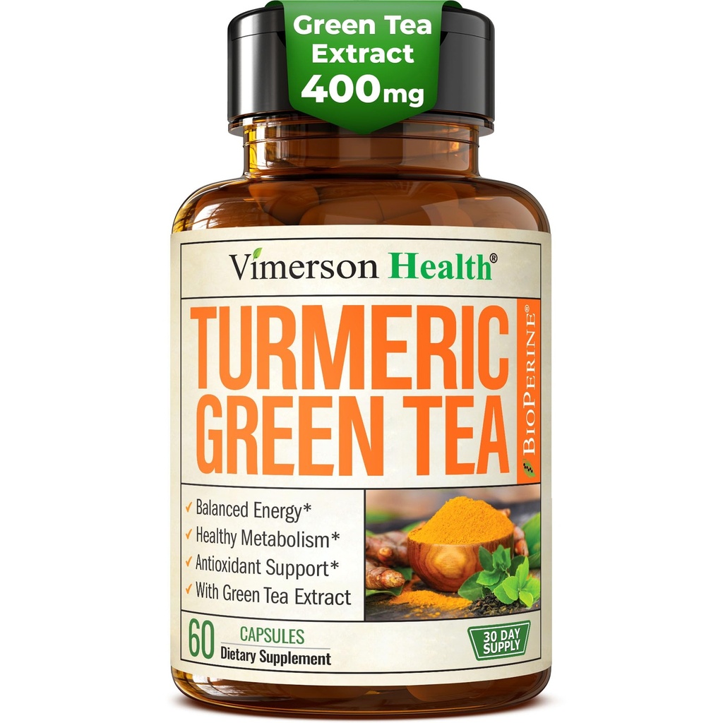 Kurkuma Ergänzung mit Grüner Tee-Extrakt (ECGC) & Vitamin C für Gelenke Gesundheit, Energie & Entzündung Balance - Bio-trauisches Curcumin mit schwarzem Pfeffer - Glutenfrei, Non-GMO - 60 Kapseln