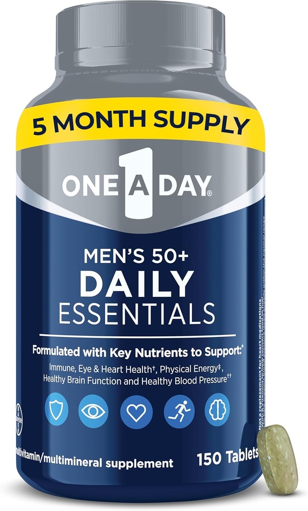 One A Day Men's Multivitamin 50+ Daily Essentials | Multivitamin für Männer 50 Plus unterstützt Immungesundheit, Gesunde Gehirnfunktion & Physische Energie | Vitamine für Männer mit Vitamin C & Zink, 150 Zähler