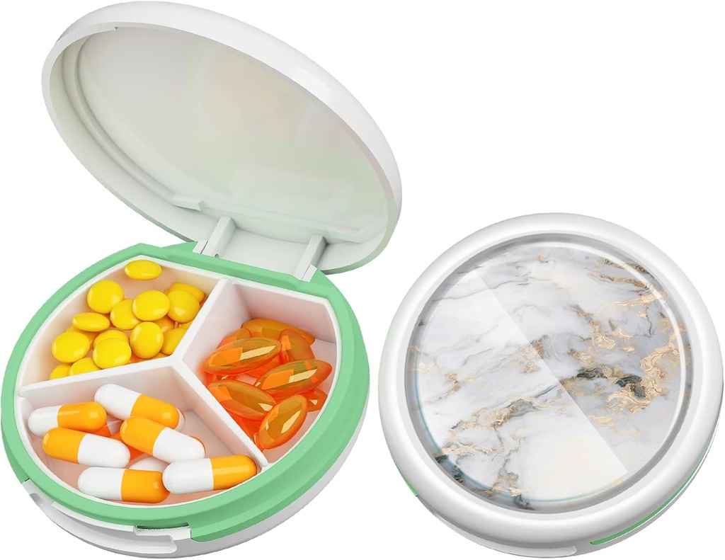Serfeymi Small Pill Box - 3 scomparti Portatile Pill Box per Purse Pocket, Compact Mini Travel Pill Case - Adatto per Medicina, Vitamina, Olio di Pesce, Integratori - Bianco (Marmo)