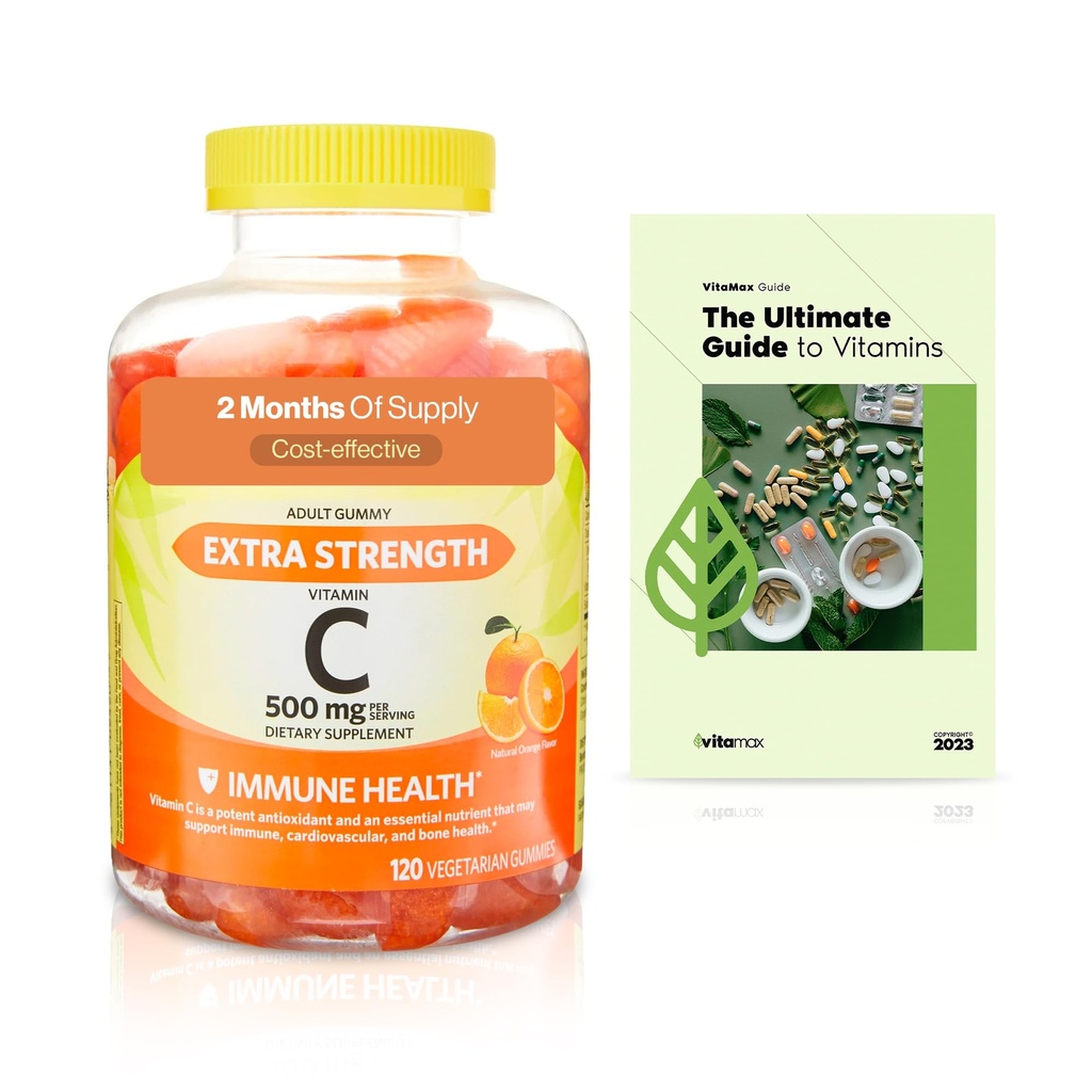 Spring Valley Extra Strength Vitamin C Immungesundheit Nahrungsergänzungsmittel Vegetarische Gummi, Orange, 500 mg, 120 Count + Exklusive VitaMax Vitamin Guide (2 Artikel)