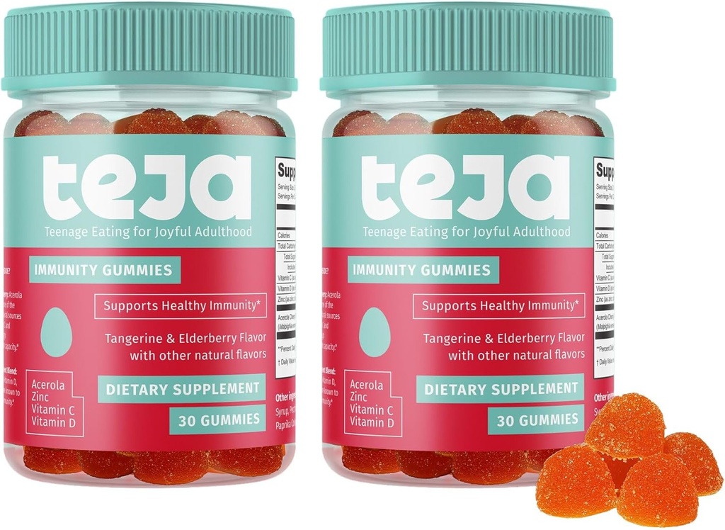 TEJA Immune Support Gummies per gli adolescenti con vitamina D, VIT C, Zinco e Acerola. Supplemento basso allo zucchero, Multivitaminico giornaliero per età 12-17 adolescenti adulti. 30 Gummies (2 Confezione)