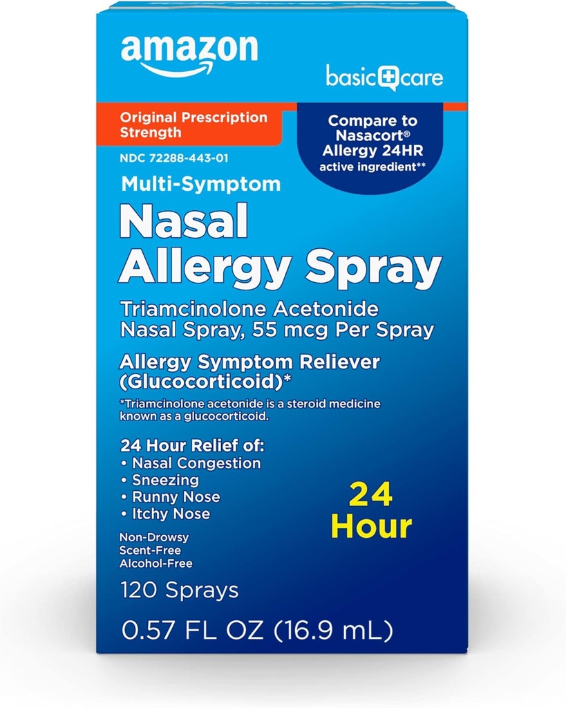 Basic Care 24 Hour Allergy Nasal Spray, Triamcinolone Acetonid 55 mcg pro Spray, Allergy Medicine, Non-Drowsy, 0.57 fl oz (Pack mit 1)