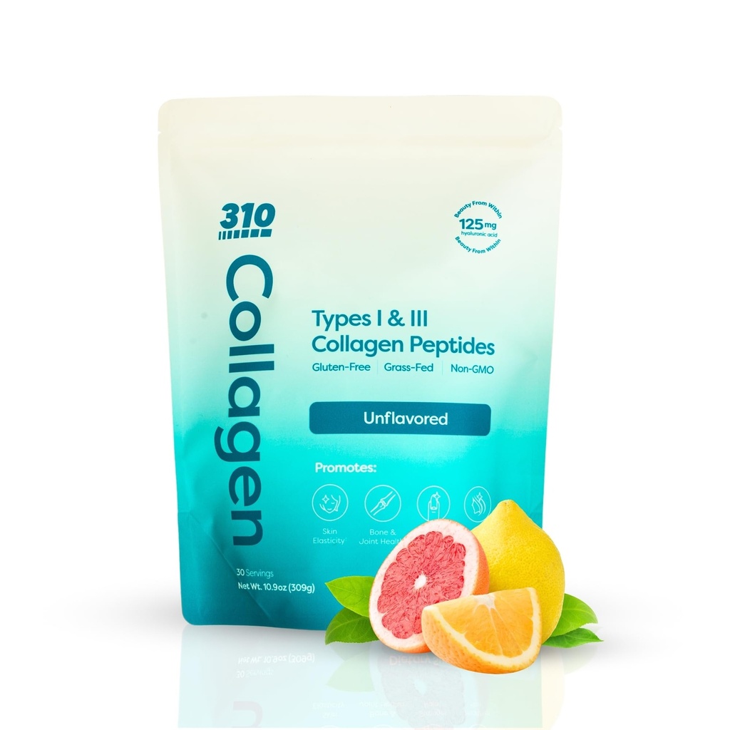 310 Nutrition Peptidi di collagene idrolizzato polvere per le donne e gli uomini - Grass-Fed Collagen Supplemento w/Hyaluronic Acid, Resveratrolo, Vitamina C,D & E per pelle, capelli e unghie - 30 SRV non aromaed