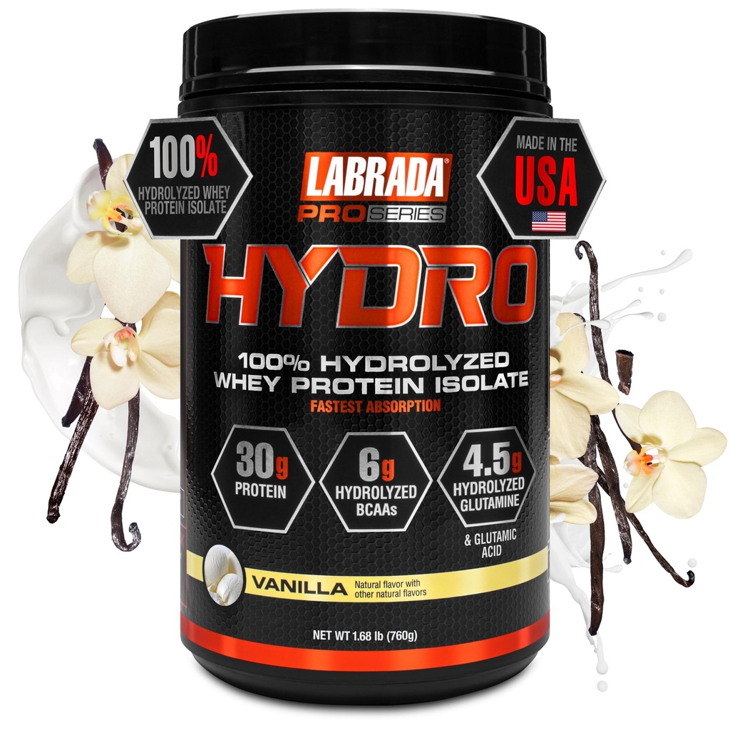 LABRADA Hydro 100% reines hydrolysiertes Whey Protein Isolat Pulver, Lactosefrei, 6g BCAA’s, 4.5g Glutamin, Schnellstes Digesting Whey Verfügbar, Instant Mixing, Delicious Taste 20 Servierungen (Vanilla)