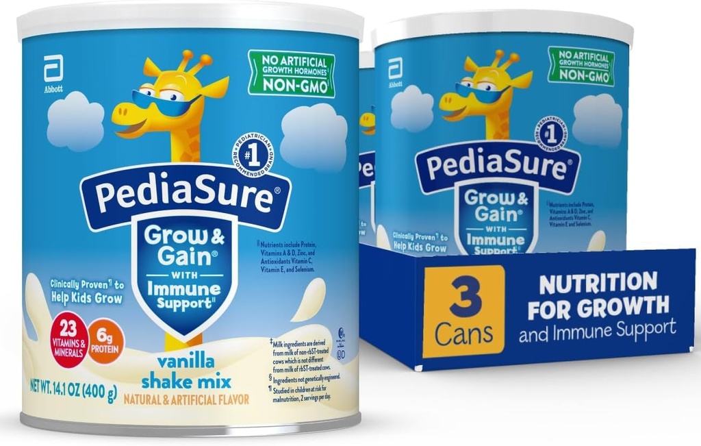 PediaSure Grow & Gain with Immune Support Shake Mix Powder, 23 Vitamins & Minerals, 6g Protein, Non OGM, Gluten-Free, Vanilla, 14.1 oz Can, Confezione da 3-24 porzioni