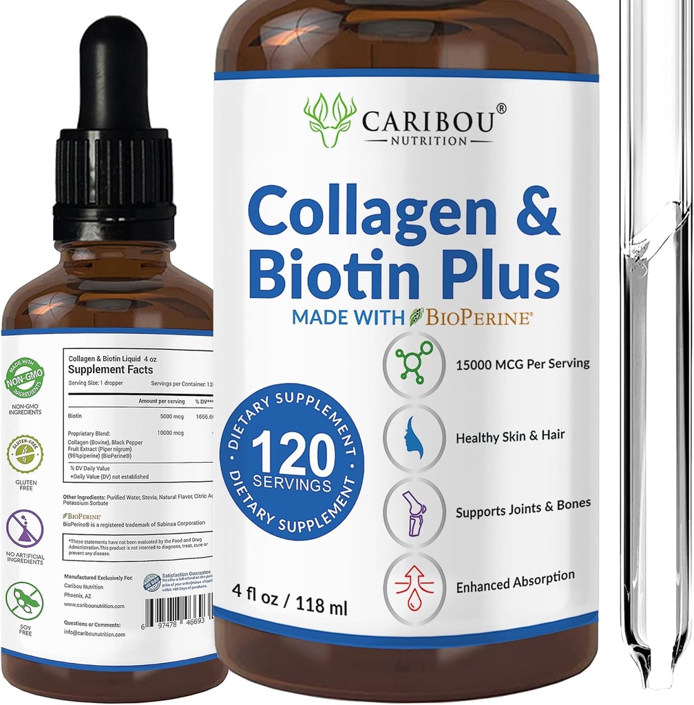 Collage liquido e biotina liquida con bioperina per assorbimento potenziato - 10000mcg liquido del collagene & 5000mcg liquido biotina - collagene liquido per le donne -4 mesi di fornitura di biotina e integratori di collagene