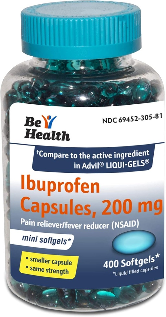 Être santé Mini Ibuprofène 200 Mg Softgels, analgésique / réducteur de fièvre, Fabriqué aux États-Unis, 400 Compte