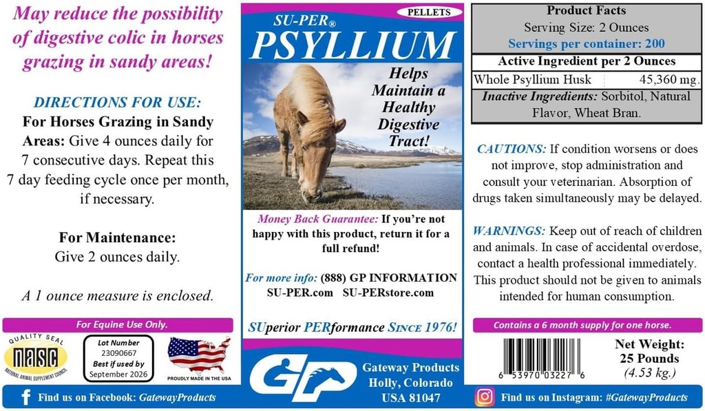 SU-PER Psyllium Pellets Equine Supplemento - Mantiene il tratto digestivo sano in cavalli - Supporta la rimozione di sabbia e sporco dal tratto intestinale - 25 Pound, 6 mesi di alimentazione