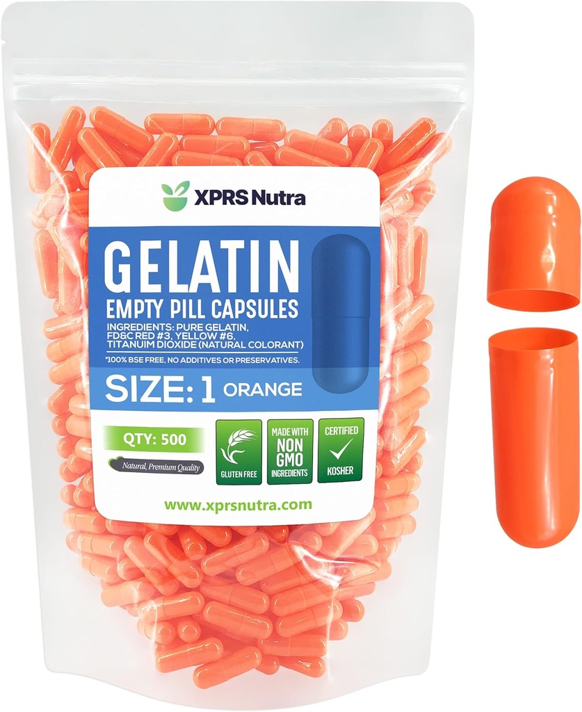 XPRS Nutra Größe 1 Leere Kapseln - 500 Graf Leere Gelatine Kapseln - Pille DIY Kapselfüllung - Pure Bovine Pill Gel Kapseln für Do-It-Yourself Ergänzungen (Orange)