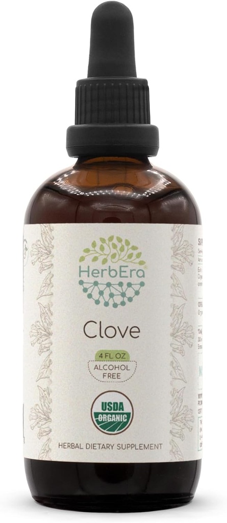 HerbEra Clove B120 USDA Organic Tincture | Alkoholfreier Extrakt, hochkarätige Kräutertropfen | Certified Organic Clove (Syzygium Aromaticum) Getrocknete Blütenknospen (4 fl oz)