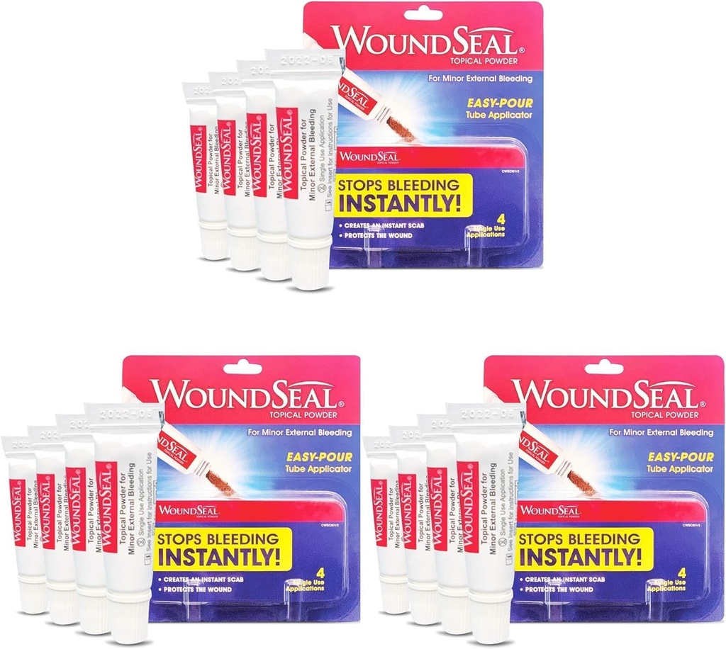 Poudre de Seaux Blessures 4 Chaque (paquet de 3) - Soins Blessures Premiers soins pour les coupures, les éraflures et les abrasions - S'arrête de saigner en secondes sans piqûres ni bandages - En sécurité et efficace pour les personnes de tous âges et les animaux