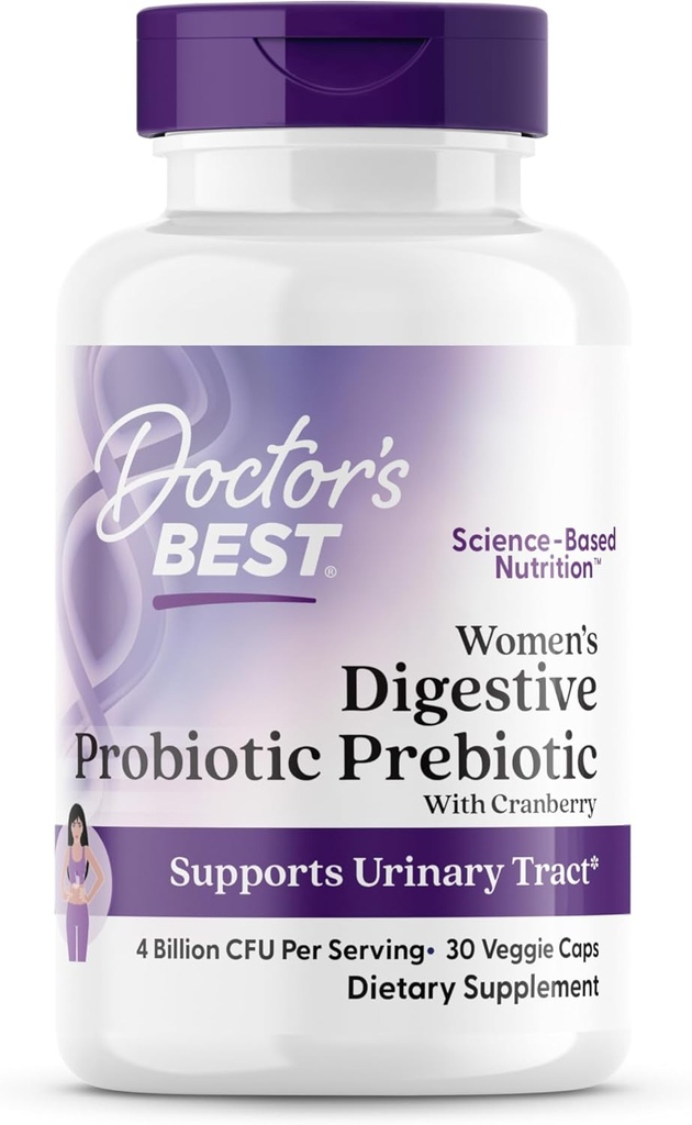 Doctors Best Womens Digestive Probiotic Prebiotic avec canneberge et PreforPro (4 milliards CFU), soutient le piège urinaire, non-OGM, végétalien 30 Veggie Caps