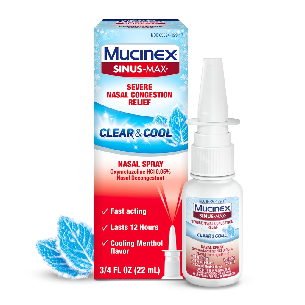 Mucinex Sinus-Max Nasal Spray Decongestant, 12 Hour Over-The-Counter Medication Nose Spray für Sinus Relief, Nasal Decongestants für Erwachsene & Sinus Congestion, Cooling Menthol, 0.75 Fl Oz