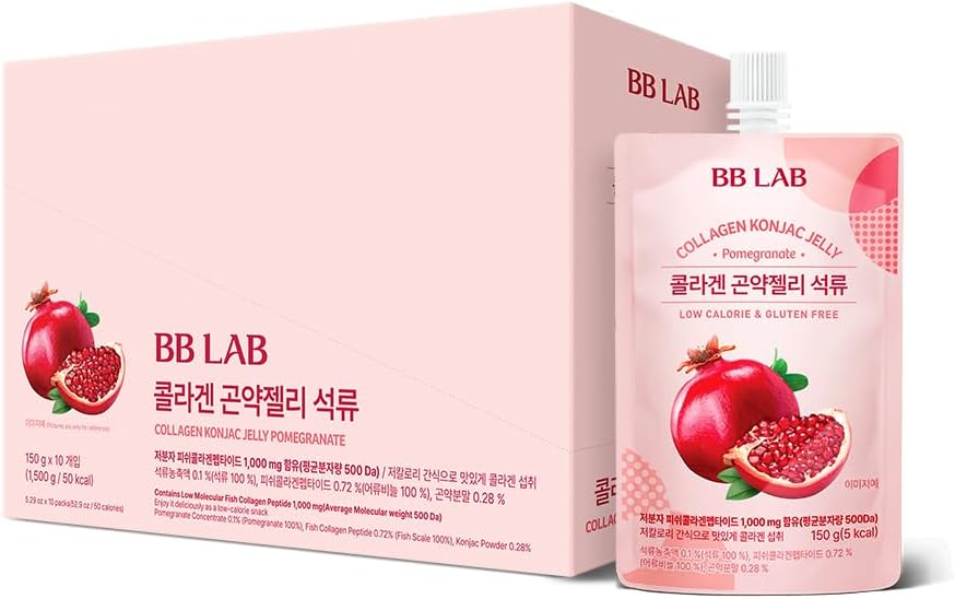 BB LAB Collagen Konjac Jelly, Pomegranate, (10 Packs/52.9 oz) - 5 Kalorien, Sugar-Free, Fish Collagen Peptide 1000 mg, Low Carb/Drinkable Zero Sugar Jelly Dessert, Dietary Fiber, Gluten-Free