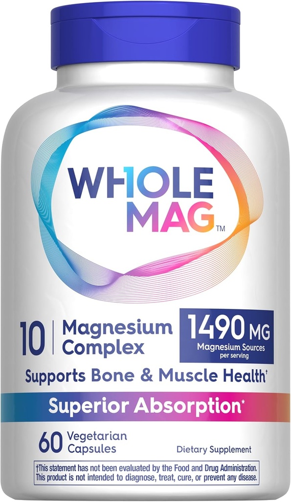 WholeMag Magnesium Supplement Complex | 60 Vegetarische Kapseln | Unterstützt Muskel, Knochen, & Nerve Gesundheit* | 10 in 1 Formel für Gesamt-Wellness* | Labor getestet, Non-GMO, Glutenfrei