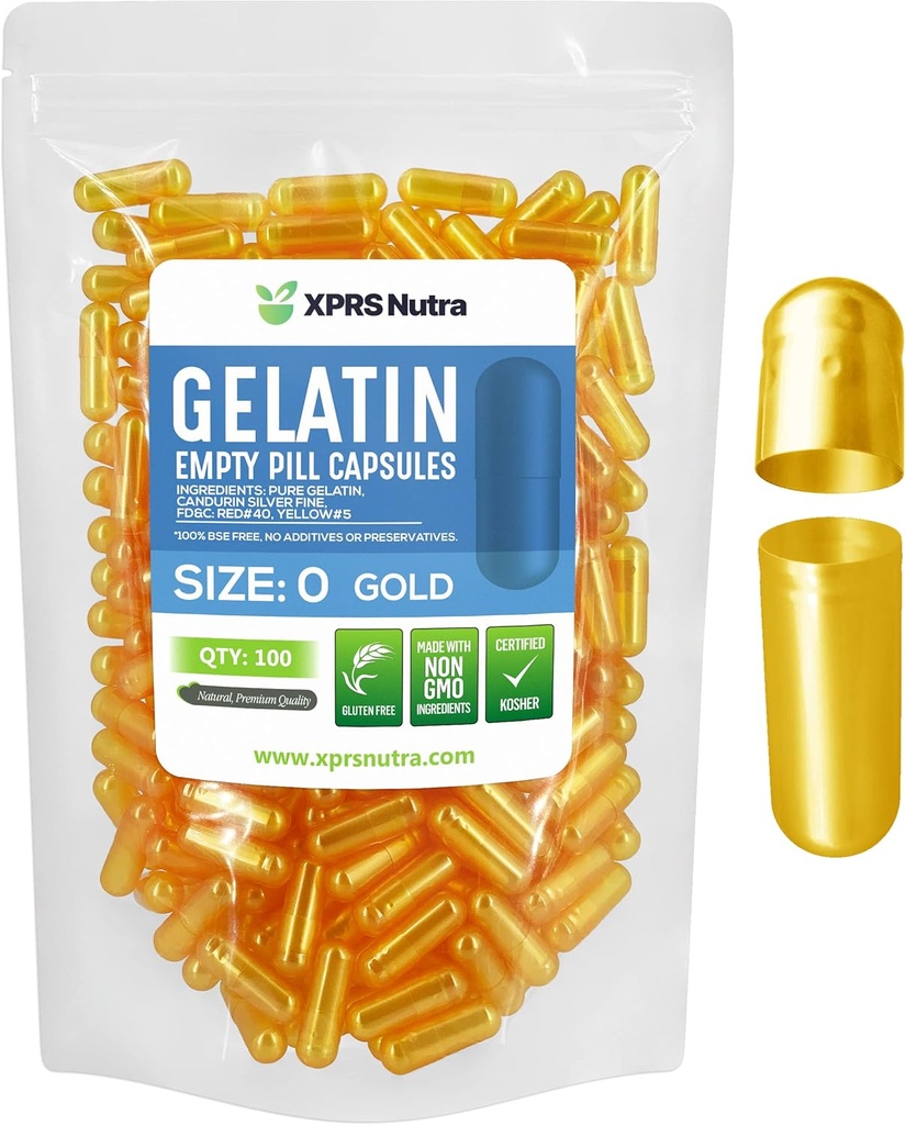 XPRS Nutra Größe 0 Leere Kapseln - 100 Count Leere Gelatine Kapseln - Pille DIY Kapsel Füllung - Pure Bovine Pille Gel Kapseln für Do-It-Yourself Ergänzungen (Gold)