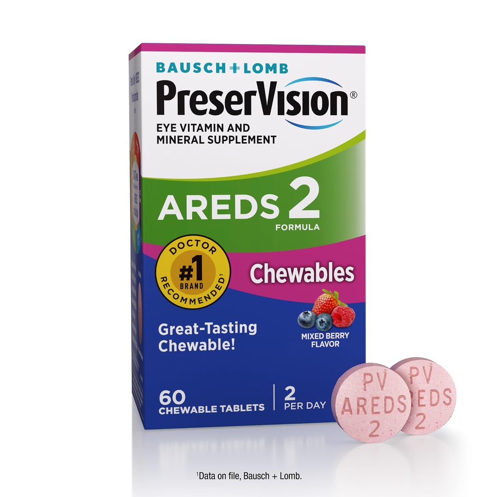 PreserVision AREDS 2 Augen Vitamine, #1 Augenarzt Empfohlene Marke, Kaubare Lutein und Zeaxanthin Ergänzung mit Vitamin C, Vitamin E, Zink und Kupfer, Mischbeere, 60 Tabletten