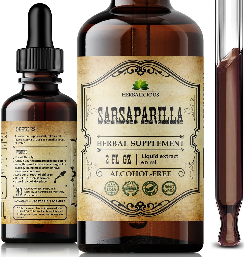 Sarsaparilla Liquid Extract – Smilax officinalis Herbal Supplement – Non-GMO, Alcohol-Free, Gluten-Free, Natural Root Tonic – Traditional Herbal Wellness – 2oz Dropper Bottle