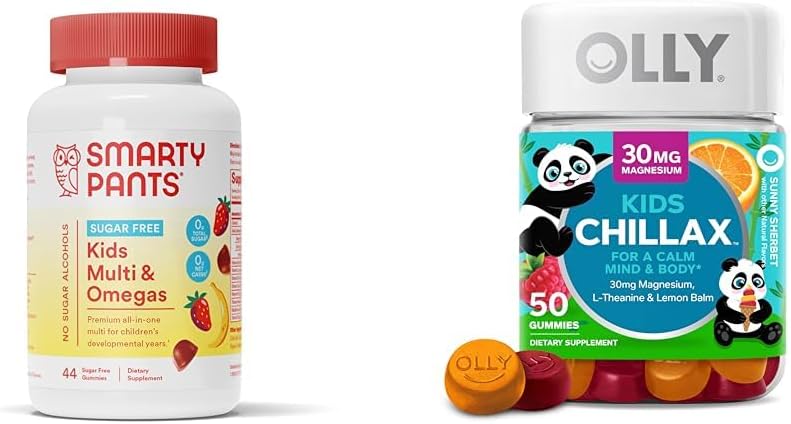 SmartyPants Kids Multivitamin Gummi, Sugar Free: Omega 3 (ALA) & OLLY Kinder Chillax, Magnesium Gummies Plus L-Theanin, Zitronenbalsam, Kalm Chews für Kinder 4+, Sherbet Flavor - 50 Count (Pack mit 1)