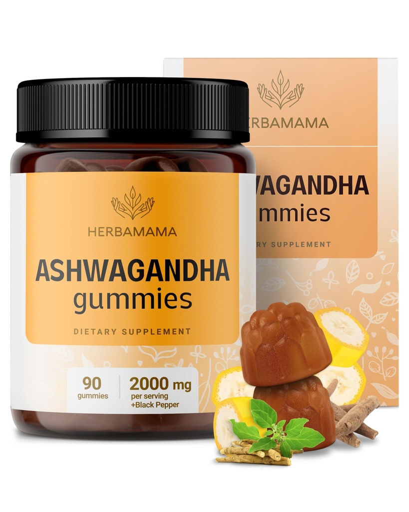 HERBAMA Ashwagandha Gummies - 2000mg Pure Ashwagandha Root mit schwarzem Pfeffer für Kalm & Mood Unterstützung - Vegan, Non-GMO Calming Supplements für Erwachsene - 90 Pectin-Based Banana-Flavored Chews