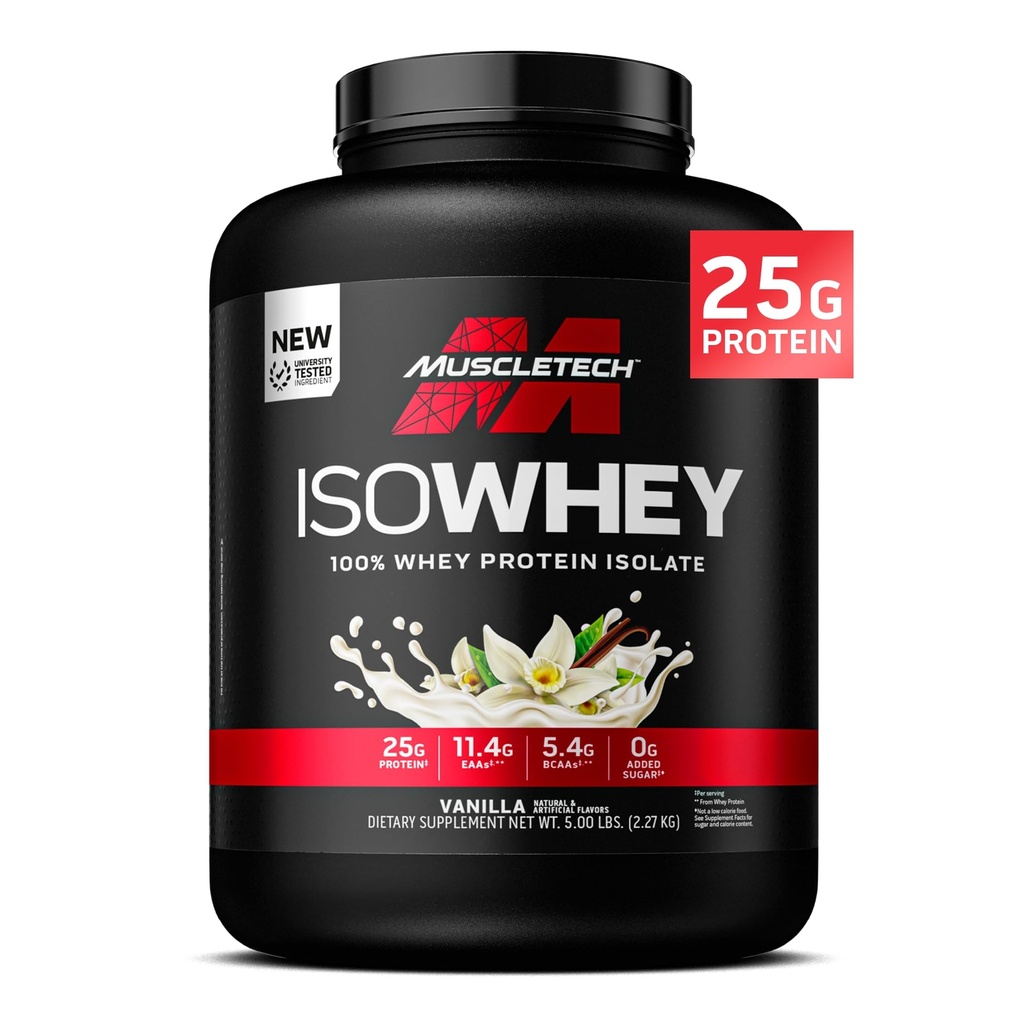 MuscleTech ISO Whey Isolate Protein Powder, Vanilla - Post Workout Gym Supplemento per guadagno muscolare magra, Body Building Weight Gainer & Recovery - 25g Protein, BCAA & 0 Aggiunto Sugar - 5lbs