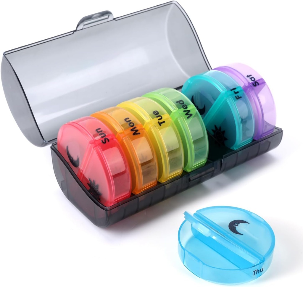 Wöchentliche Pille Organizer 2 Mal pro Tag, Reise Pille Box 7 Tag, PM zweimal pro Tag Pille Fall, Tragbare tägliche Vitamin Organizer für Medikamente, Vitamine, Fischöl, Nahrungsergänzungsmittel (Multi-Color)
