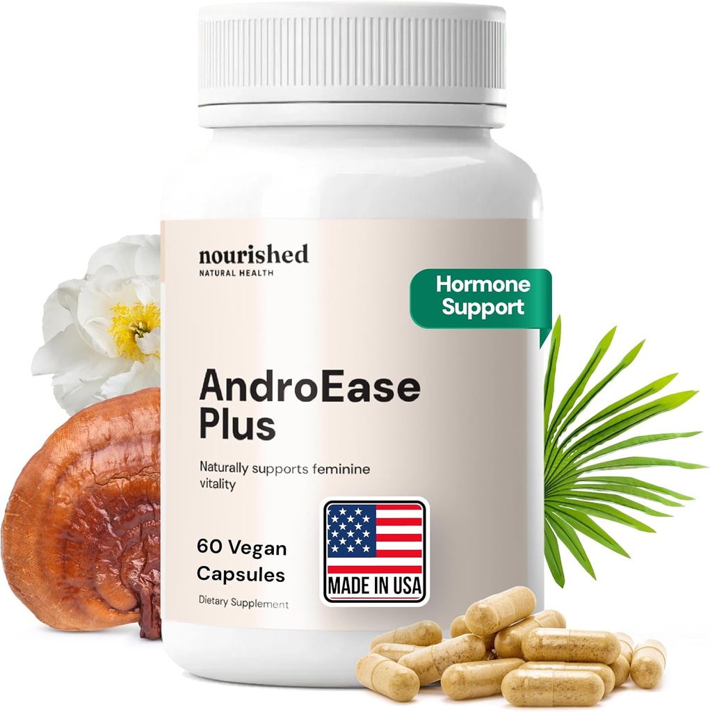 Nourished AndroEase Plus - Vegan Hormon Balance für Frauen - Zink, Reishi, Grüner Tee und Säge Palmetto für Frauen - für Energie, Vitalität, Gesichtshaar und tägliches Wellness - 60 Kapseln, Made in USA