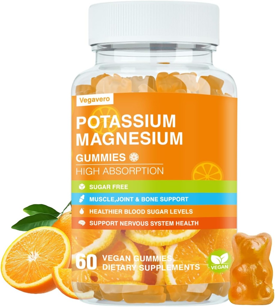 Kalium-Magnesium-Gummi-Gummi-Gummi-Gummi-Zitrat Plus Coenzym Q10, DHA, D3, Mineral & Calcium für Zzz, Leg Cramps & Muskel - 60 Orangen-Gummien