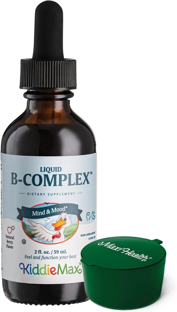 Maxi Health Raspberry Liquid Vitamin B Complex, Ergänzung mit Vitamin B12 - Sublingual B Tropfen für Kinder mit B1 B2 B3 B5 B6 Biotin Folic Säure, für Energie & Gehirn Funktion - 2 fl. Oz, Green Pillbox
