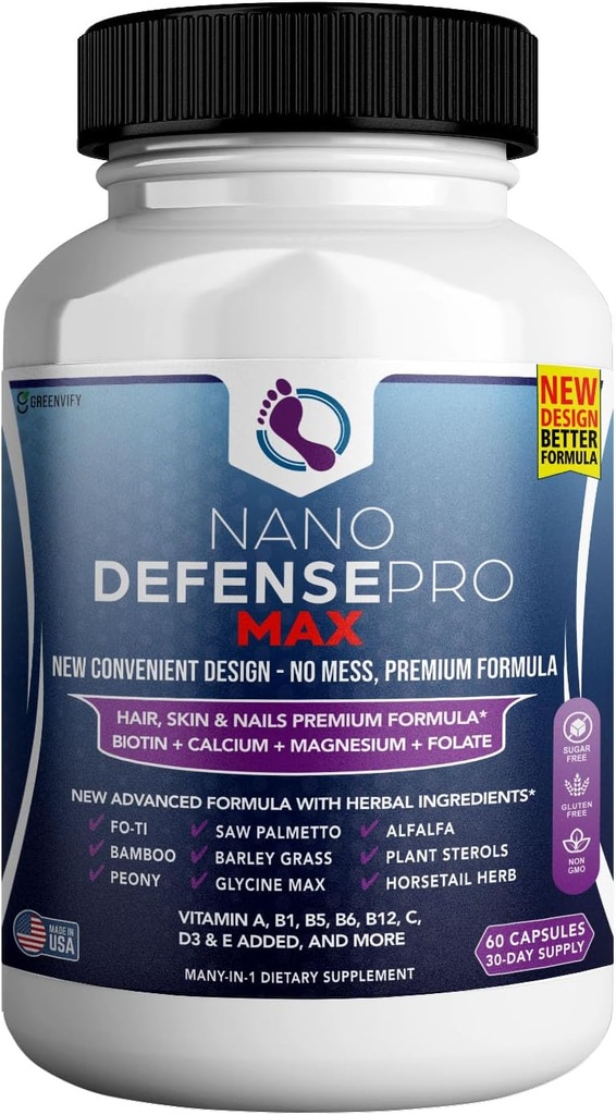 Nano Defense Pro Max Hair Skin and Nails Supplement, Biotin Calcium Magnesium Complex, 60 Kapseln, 30-Day Supply (1)