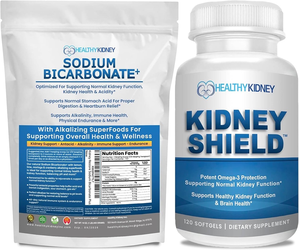 Bio-Natrium-Bicarbonat Alkali-Ergänzung 1.5LBS + Nierenschild 120 Caps Nieren-Ergänzung zur Unterstützung normaler Nierenfunktion