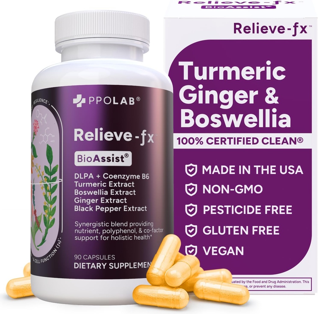 Reliev-fxTM DLPA Boswellia Turmeric und Ginger Supplement, Stress Relief, Herz, Verdauung, Muskelkramp, Gelenk, Entzündung Gesundheit, Vitamin B6 P5P, Boswellic Acid, Curcumin mit schwarzem Pfeffer - 90ct