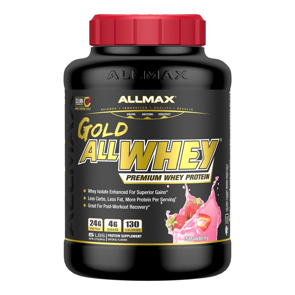 ALLMAX Nutrition - Polvere proteica ALLWHEY oro, miscela di proteine del siero per la forza e guadagni muscolari, recupero post allenamento, senza glutine, 24 grammi di proteine, fragola, 5 Pound