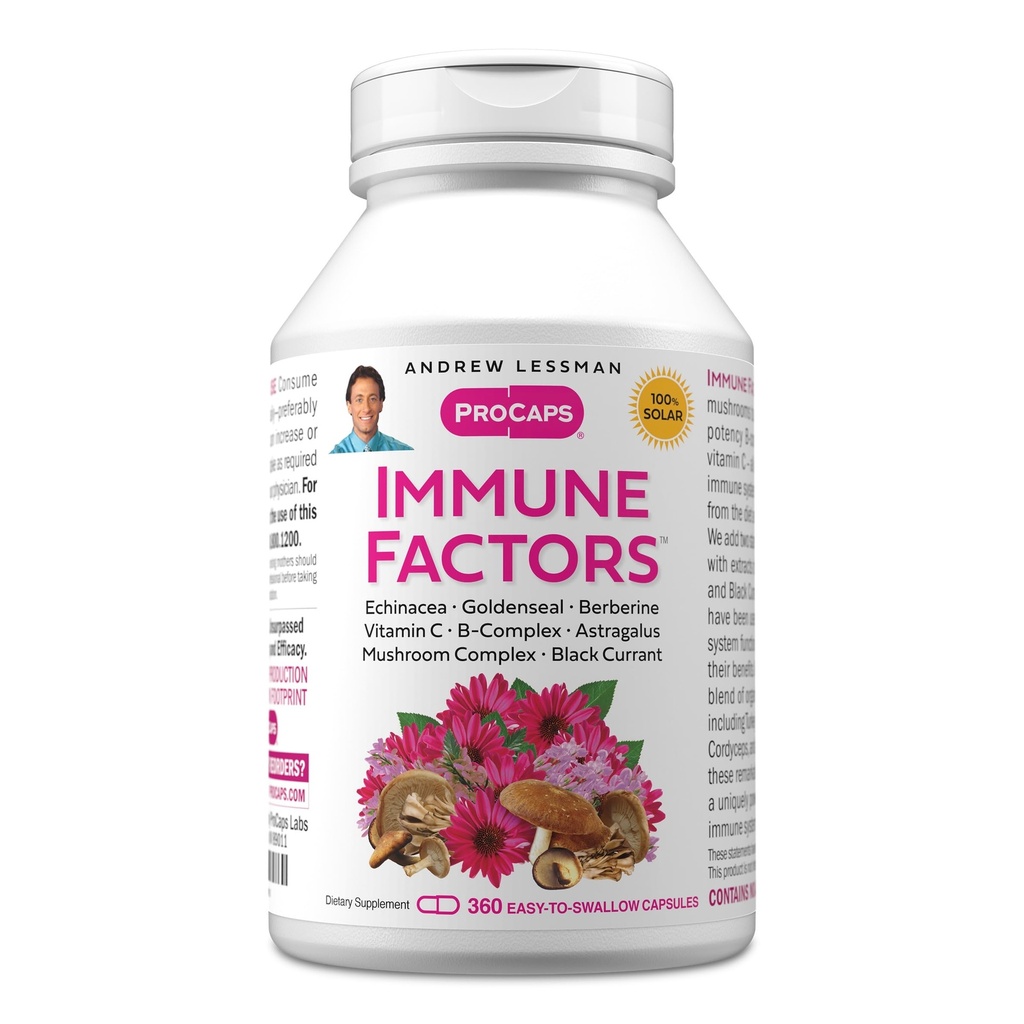 ANDREW LESSMAN Immune Factors 360 Capsules - Echinacea, Goldenseal, Vitamine C, Astragalus, Berberine, Mélange de champignons, Currant noir. Soutient et promeut le système immunitaire et les défenses naturelles