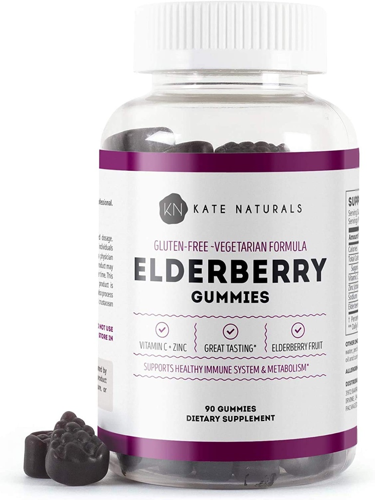 Kate Naturals Elderberry Gummies mit Vitamin C und Zink für Erwachsene & Kinder. Tasty Sambucus Elderberry Gummies für Immununterstützung (90 Gummi, 45 Tage Versorgung)