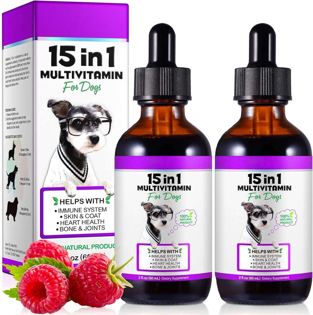 Multivitamine de chien, 15 en 1 gouttes liquides Multivitamine de chien suppléments, Vitamines de chien pour la santé cardiaque, os, articulaire, peau et manteau, Bladder, système immunitaire soutien 60ml-2pcs
