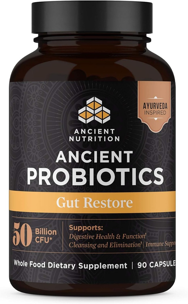 Probiotiques de nutrition ancienne, Gut Restore 90ct avec Ginger et Fenugreek, soutient les fonctions digestives, réduit la diarrhée, la constipation, le gaz et le blottis, mélange de superaliments, 50 milliards d'UFC*/Serving