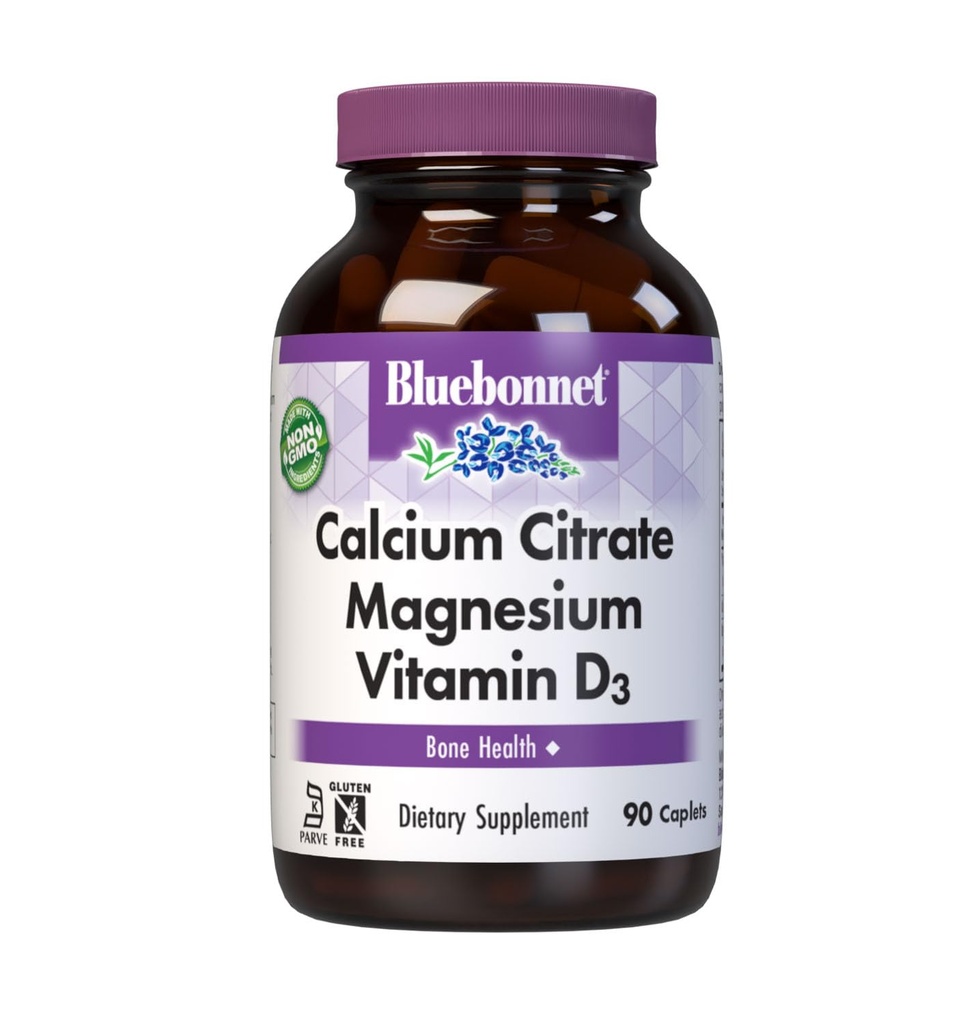 Bluebonnet Nutrition Calcium Citrate Magnesium Plus Vitamina D3 Caplets, Bone Health & Muscle Relax, Non OGM, Gluten, Soy & Milk Free, Kosher, White, 90 Count