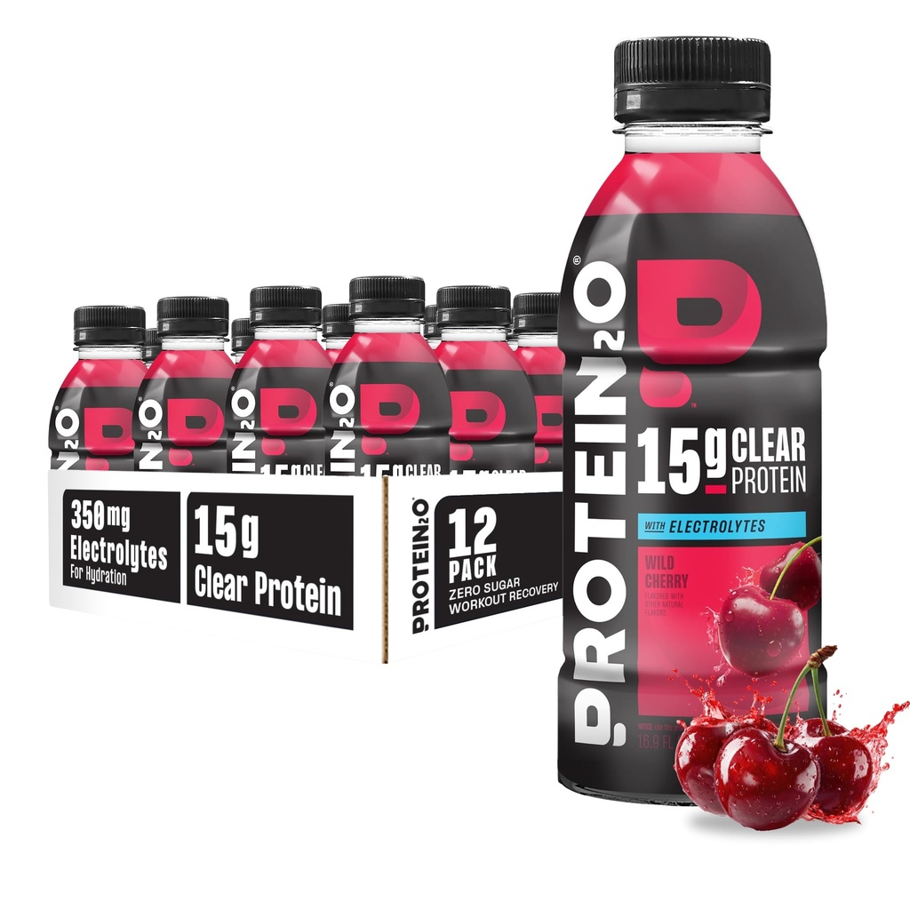 Protein2o Hydration Drink - 2-in-1 Liquid Clear Whey Protein Isolate and Electrolyte Drink - 15g Protein, Vitamins B5, B6 - Post-Workout Recovery - 16.9 Fl Oz - 12 Count Wild Cherry