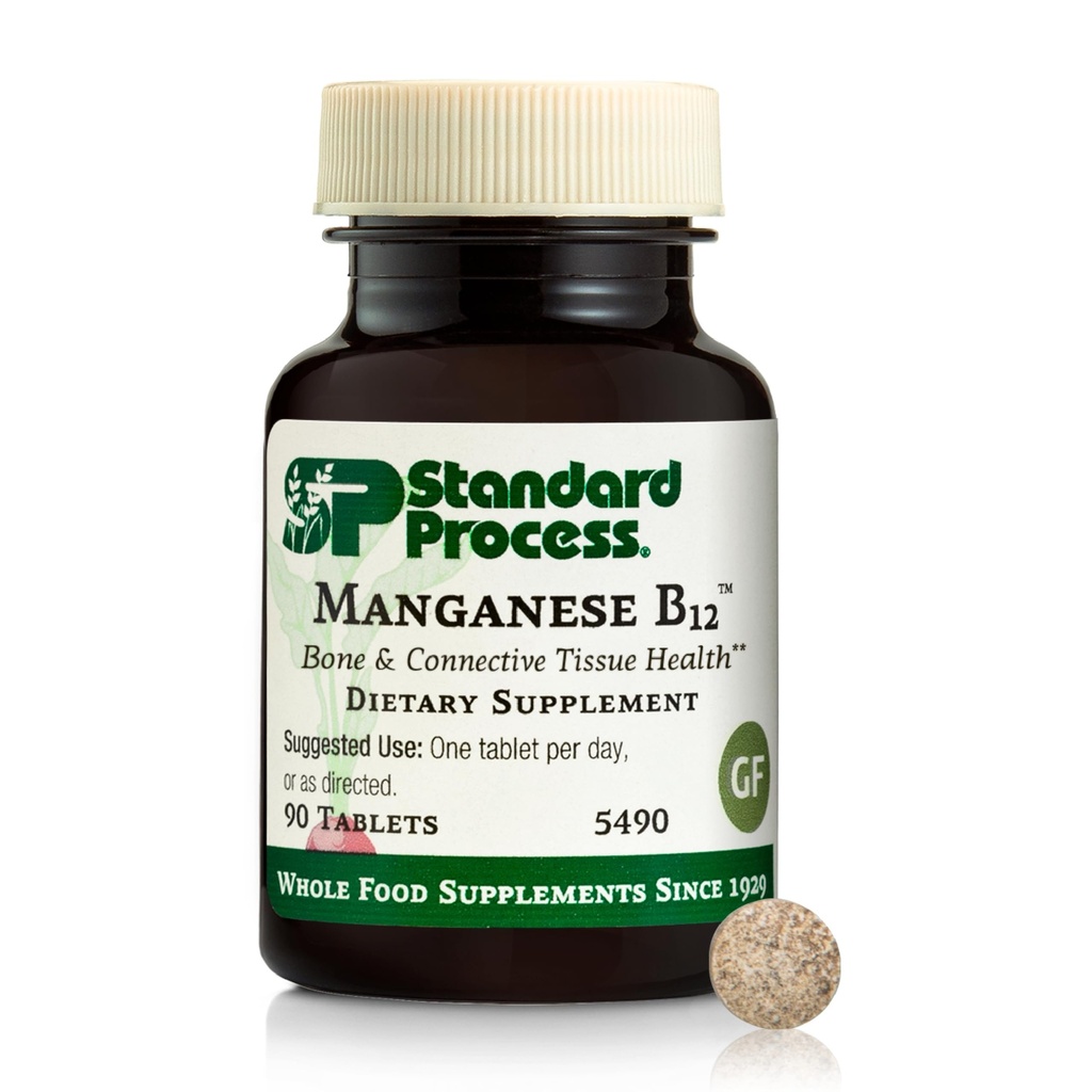 Processus standard Manganèse B12 - Soutien à la santé des os et tissus conjonctifs - Soutien de la formation d'hémoglobine - Sans gluten, sans lait et sans soie - 90 comprimés (90 portions)