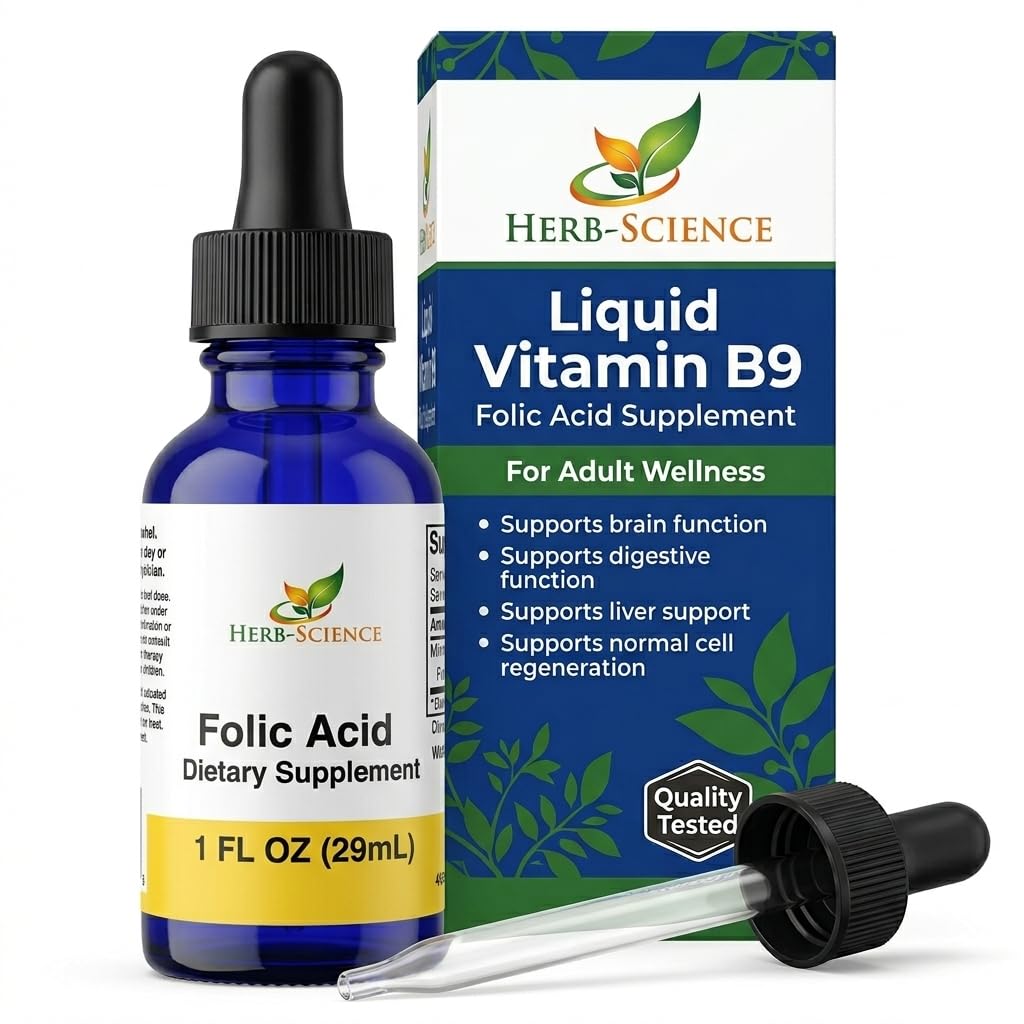 Integratori di acido folico di vitamina B9 liquido - Gocce di VIT B per funzione cerebrale e digestiva, supporto del fegato - senza glutine, non OGM, Vegan - Supplemento nutrizionale per adulti - 1 fl. oz.