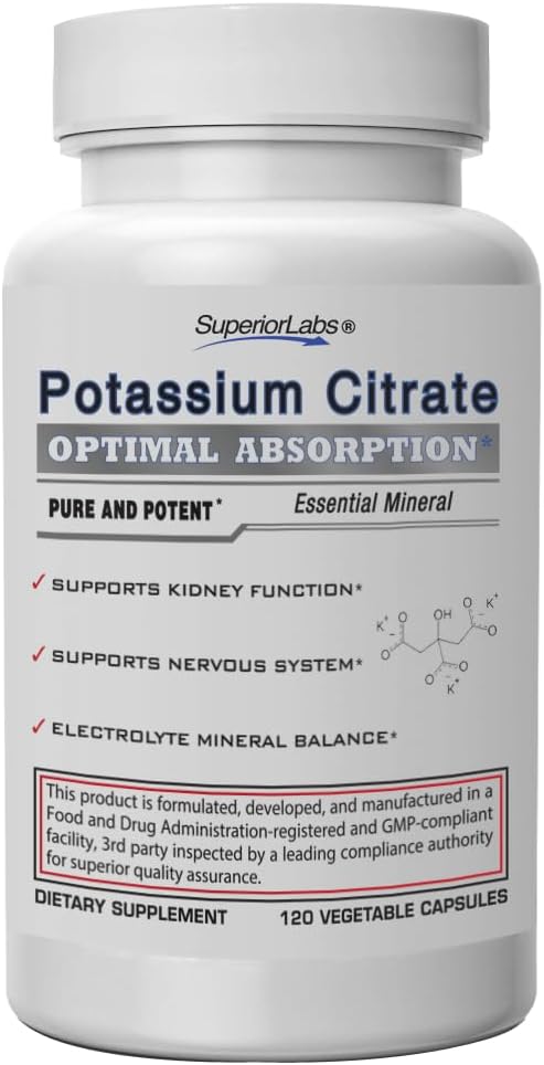 Superior Labs Kalium Citrat 100 mg, reine Non-GMO-Elektrolyt Mineral, Additive-Free, Nierenstein & pH-Unterstützung, Muskel-Kramp-Relief, Herz & Nerve-Funktion, Alkalis Balance, 120 Veg-Kaps