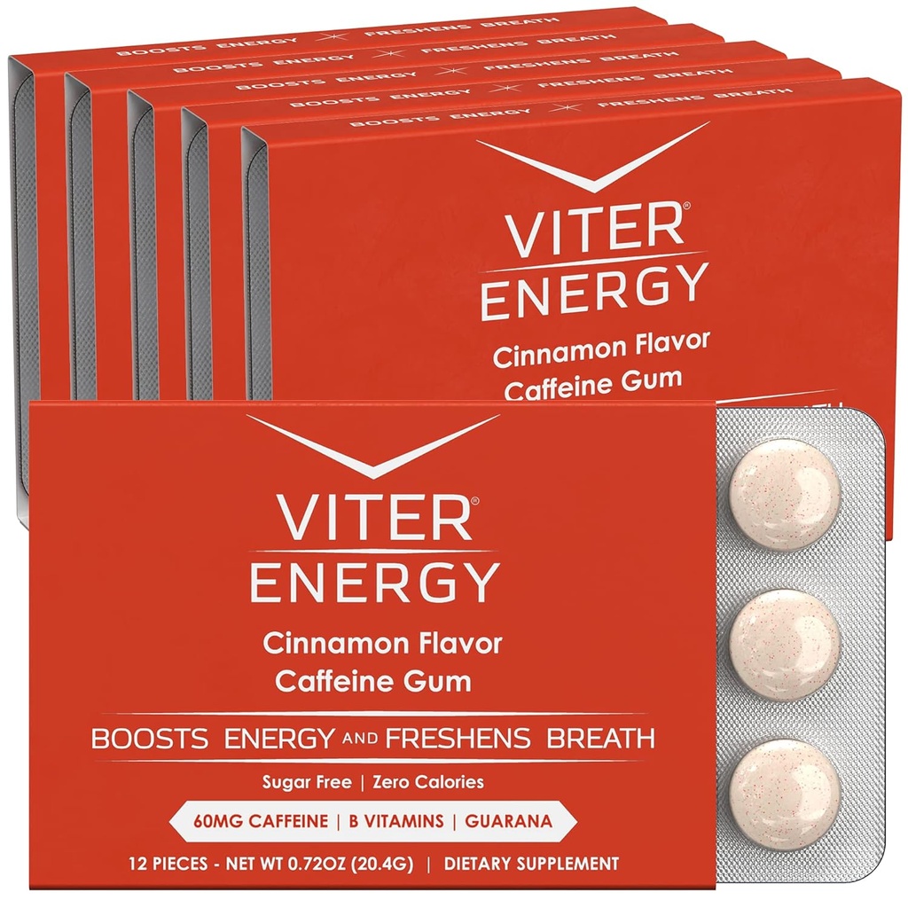 Viter Energy Koffeiniertes Gum 60mg Koffein, B Vitamine, Guarana, Sugar Free. (Cinnamon, 12pcs, 6 Pack)