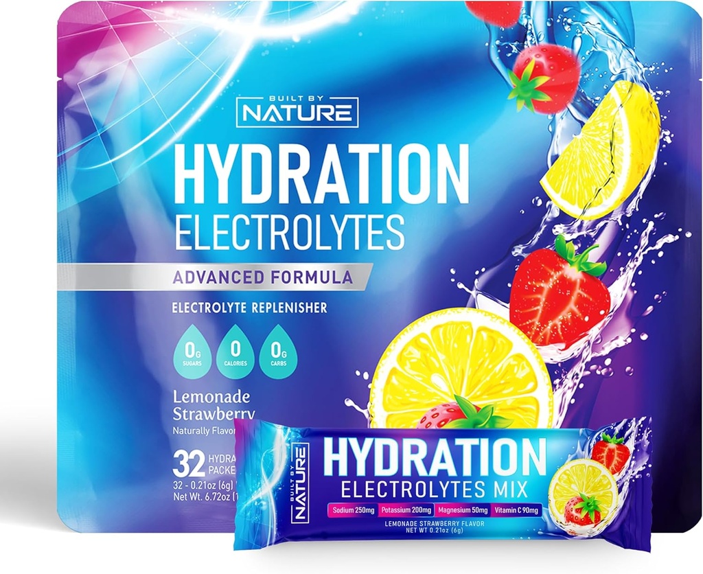 Elektrolyte Pulver Hydration Packets – Recovery Drink Mix mit Natrium, Kalium, Magnesium, Calcium, Vitamin C & Zink – Zuckerfrei, Keto, Non GMO & Vegan – Erdbeer-Lemonade – 32 Sticks