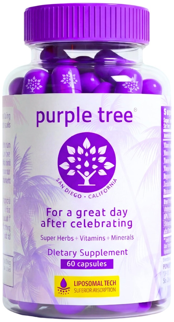 lila baum post-Celebration Wellness Supplement | Liposomal Dihydromyricetin (DHM), L-Glutathione, Milchdistel für Leberunterstützung & Hydration | Elektrolyte, B Vitamine, Willow Bark | 60 Kapseln